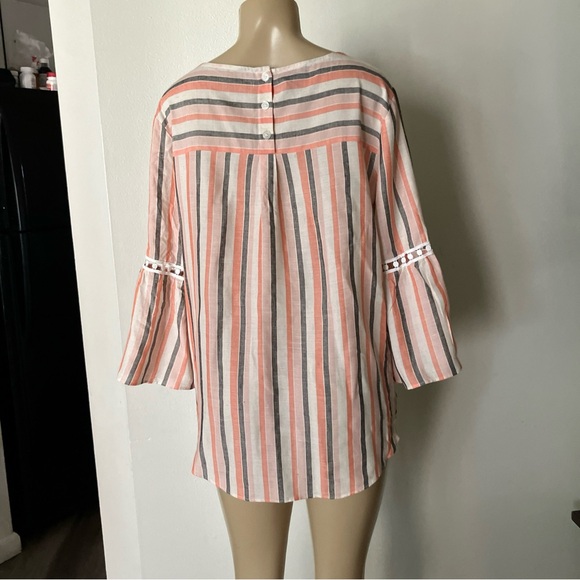 Alyx Front Tie Bell Sleeve Peasant Boho Top L Coral Gray Striped Pullover Shirt - Picture 4 of 11